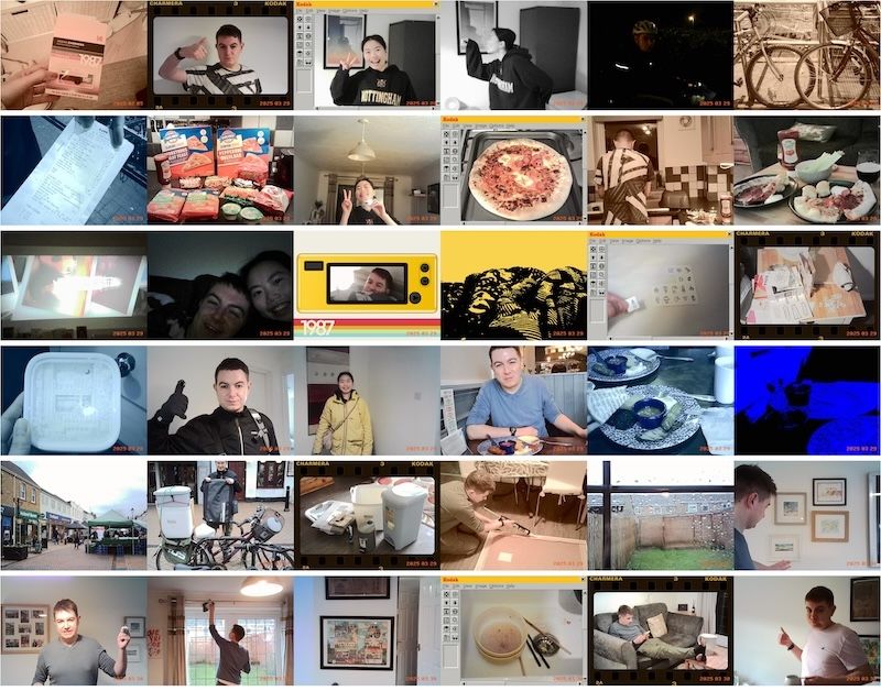 A contact sheet of birthday photos taken on the Charmera, showing small candid moments throughout the day.